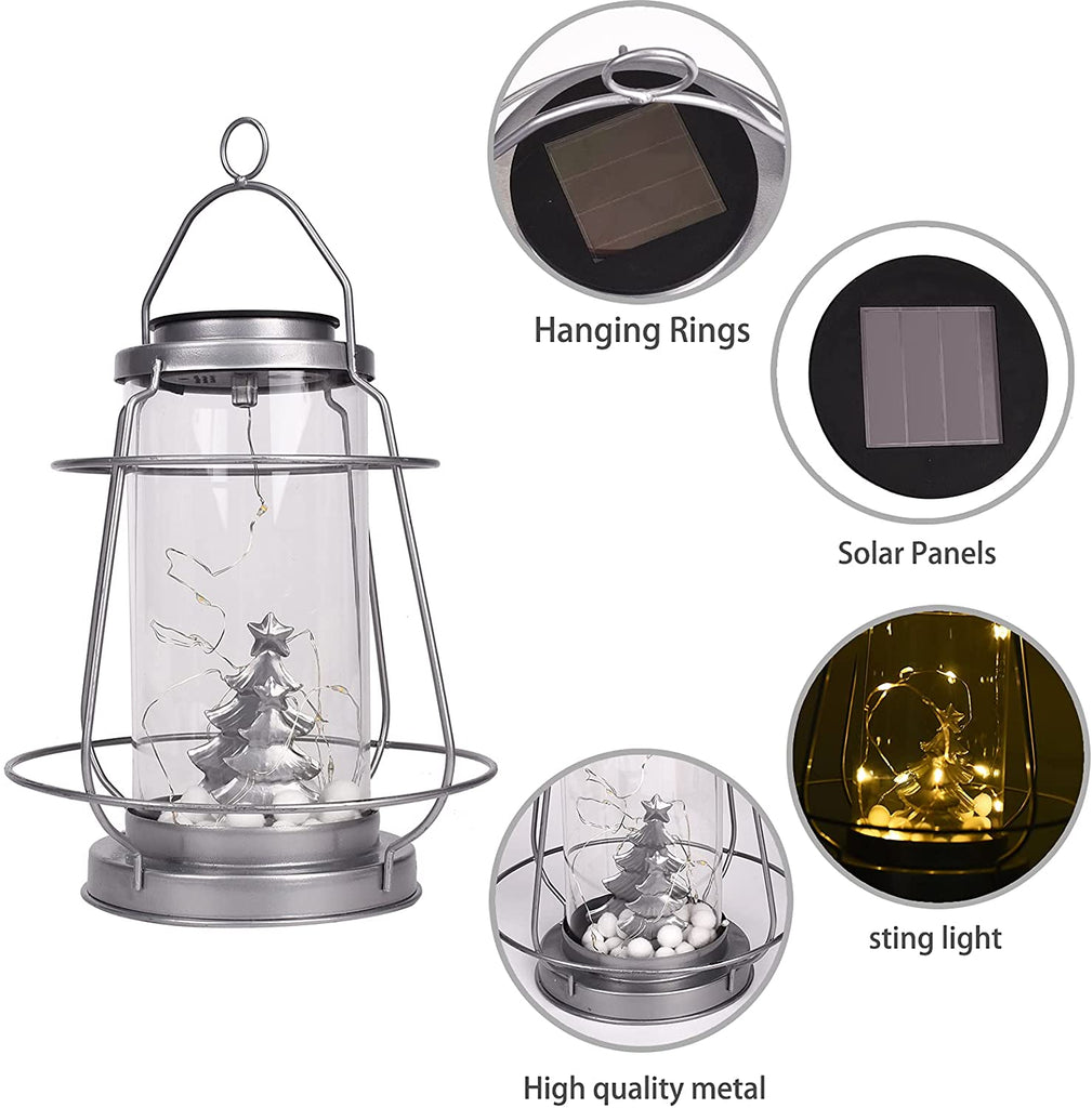 Greenidea Hanging Solar Lanterns Vintage Solar Lights with Handle,Christmas Tree Outdoor-Silver Solar Garden Lights Decor for Yard Tree Fence Patio-Silver
