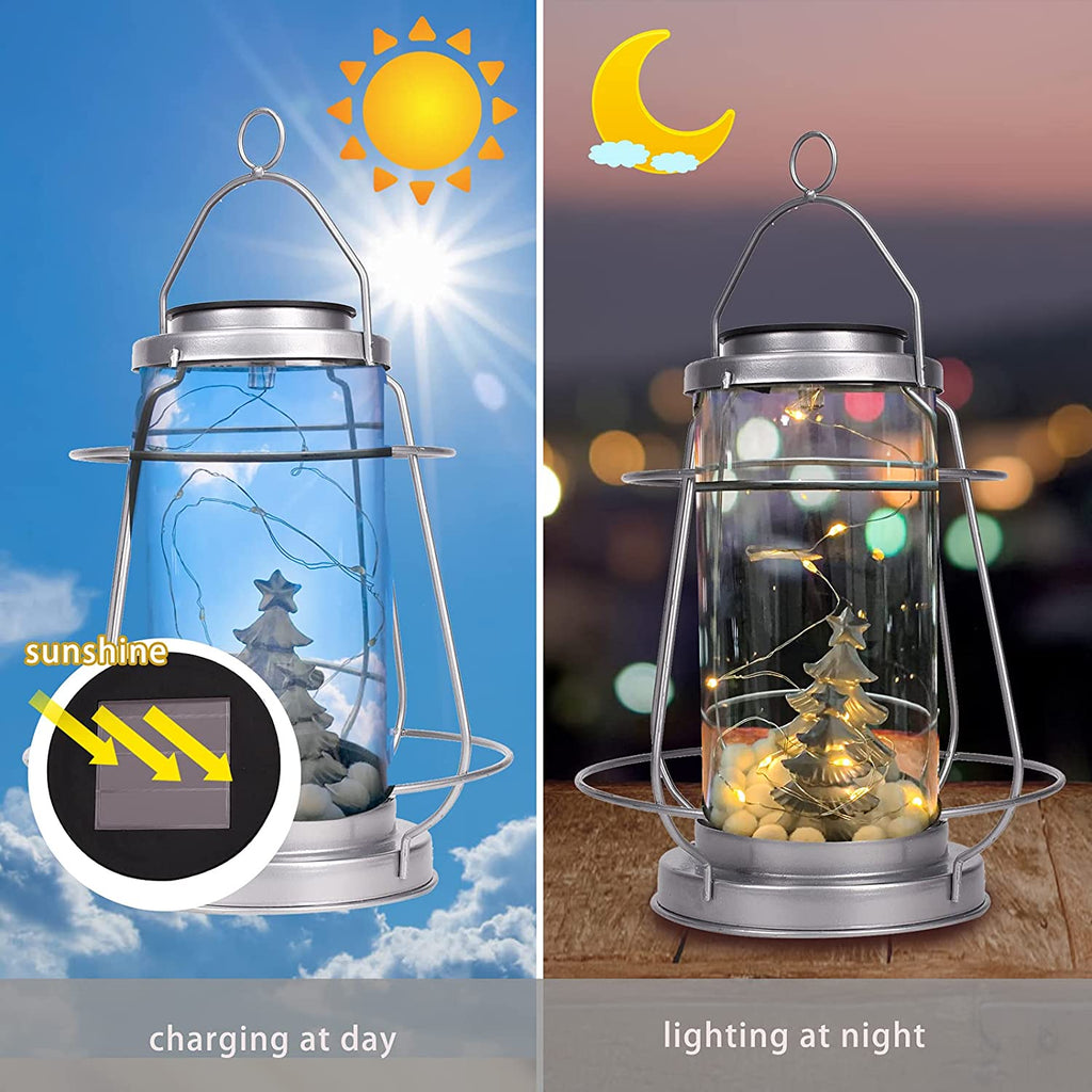 Greenidea Hanging Solar Lanterns Vintage Solar Lights with Handle,Christmas Tree Outdoor-Silver Solar Garden Lights Decor for Yard Tree Fence Patio-Silver