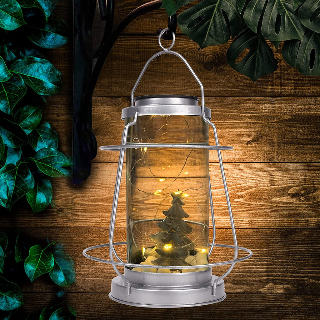 Greenidea Hanging Solar Lanterns Vintage Solar Lights with Handle,Christmas Tree Outdoor-Silver Solar Garden Lights Decor for Yard Tree Fence Patio-Silver
