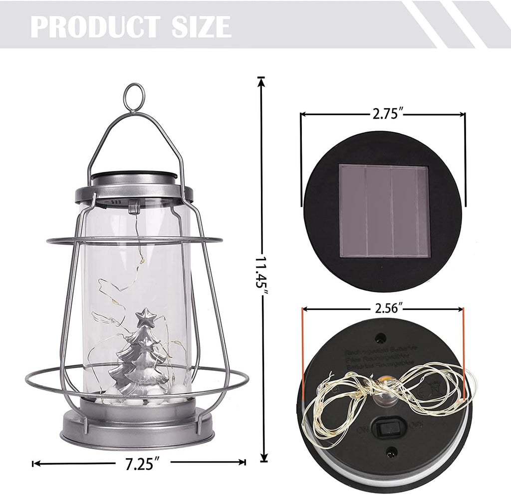 Greenidea Hanging Solar Lanterns Vintage Solar Lights with Handle,Christmas Tree Outdoor-Silver Solar Garden Lights Decor for Yard Tree Fence Patio-Silver