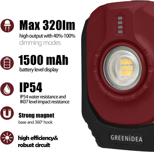 Greenidea LED Work Light, Rechargeable COB Floodlight 360°Magnetic Handle 2  Lighting Modes Bright Small Job Light with Combination Clip Hanging Hook