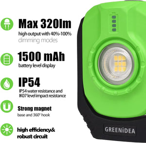 Roll over image to zoom in        Greenidea LED Work Light,Rechargeable COB Floodlight 360°Magnetic Handle 2 Lighting Modes Bright Small Job Light with Combination Clip Hanging Hook, Portable Lights for Working Emergency