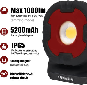 Greenidea Rechargeable Work Light, 1000 Lumen LED Work Light with Spot & Flood COB,180°Magnetic Handle 3 Lighting Modes Bright Small Job Light,Portable Lights for Outdoor Emergency