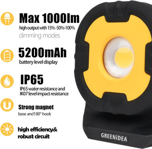 Greenidea Rechargeable Work Light, 1000 Lumen LED Work Light with Spot & Flood COB,180°Magnetic Handle 3 Lighting Modes Bright Small Job Light,Portable Lights for Outdoor Emergency